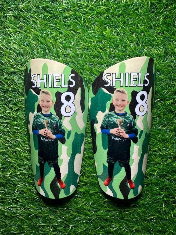 Standard personalised shin pads camo design.