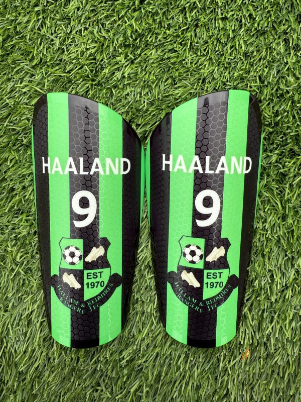 Standard personalised shin pads green and black stripes