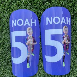 blue personalised shin pads number 5