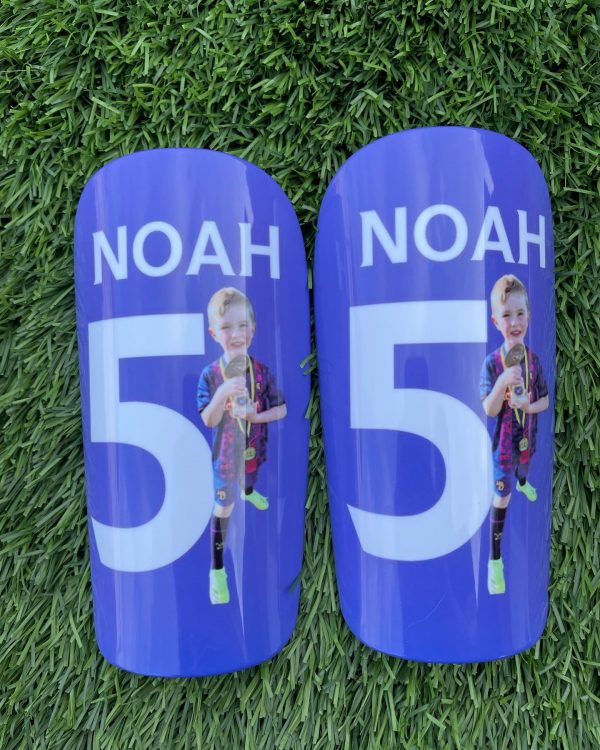 blue personalised shin pads number 5