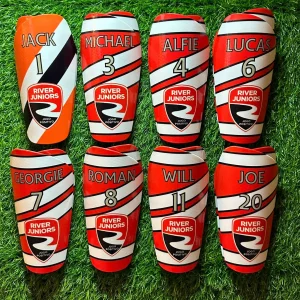 Squad personalised shin pads red and white stripes.