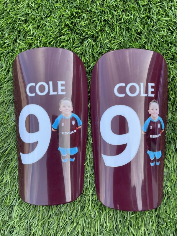 personalised shin pads burgundy design number 9 with image