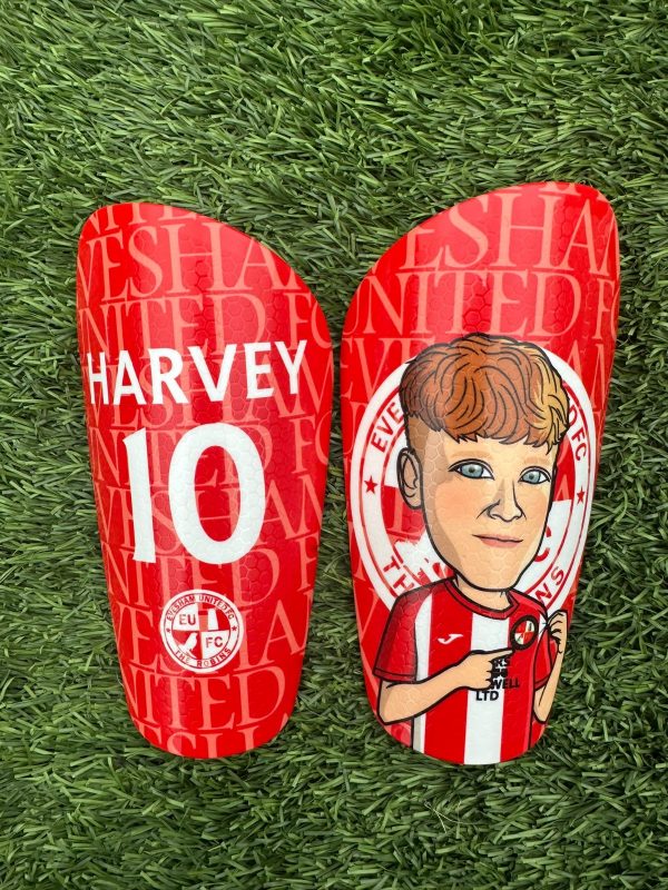 Cartoon personalised shin pads Merseyside red with grassroots logo