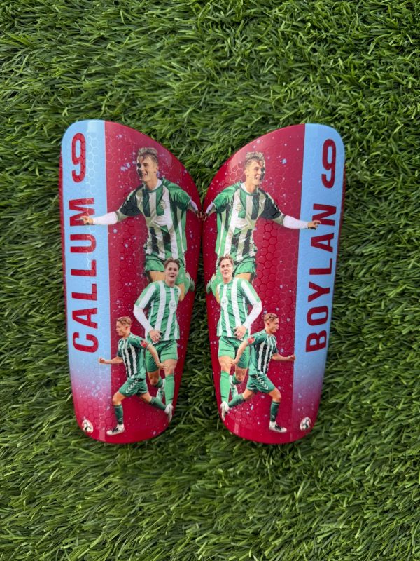 elite personalised shin pads red and blue with triple image design.